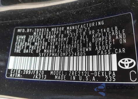 2021 Toyota Corolla Le from USA, damaged, VIN 5YFEPMAE0MP224805